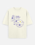White t-shirt with blue graphic and text 'Someday we will dream about today'