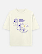 White t-shirt with blue graphic and text 'Someday we will dream about today'