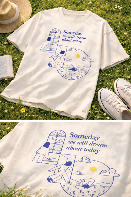 White t-shirt with blue graphic and text 'Someday we will dream about today' on grass with shoes and hat.